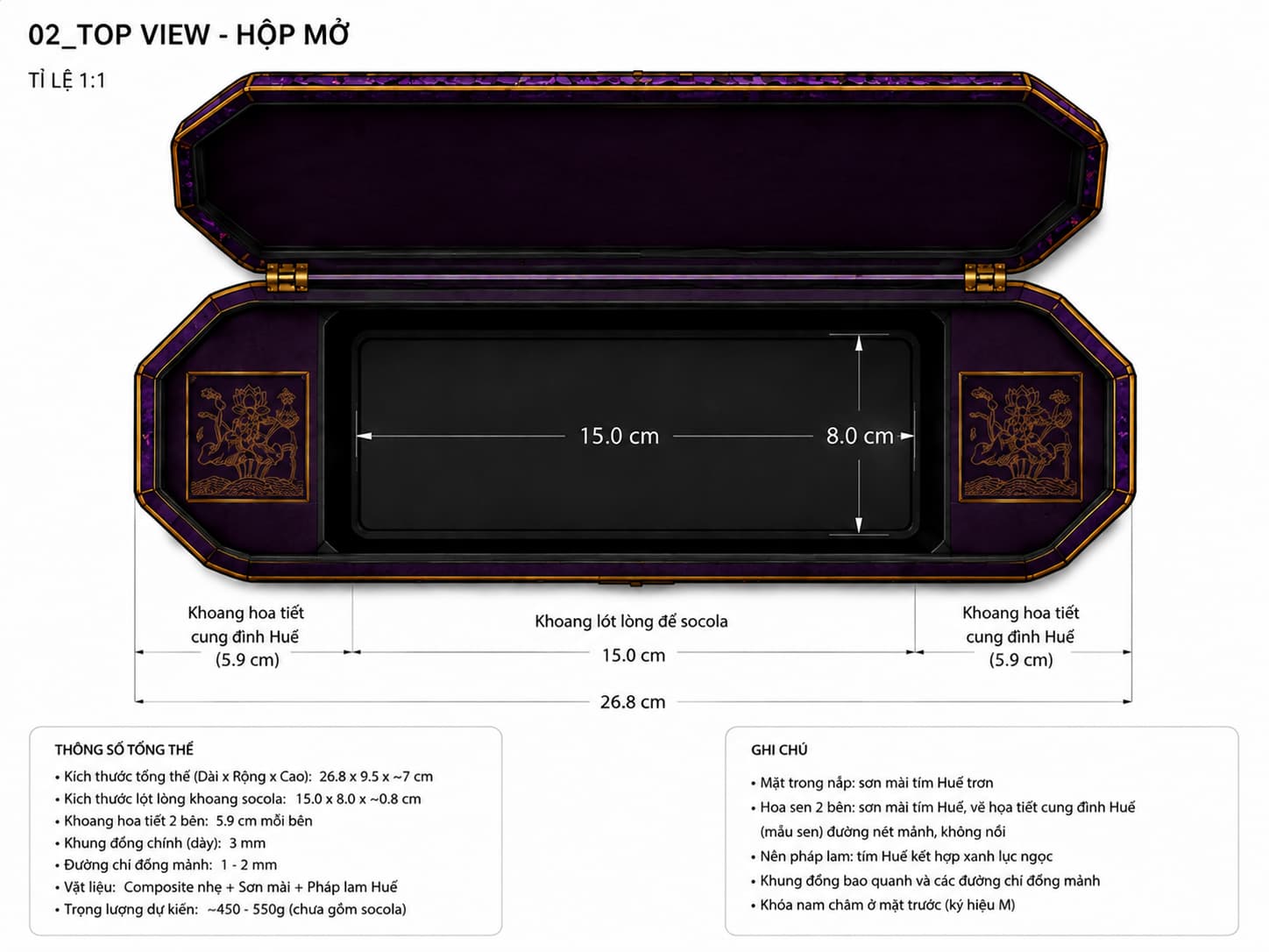 Bản vẽ 1:1 — hộp mở, khoang socola 15 × 8 cm, hai khoang hoạ tiết cung đình — Phác thảo concept
